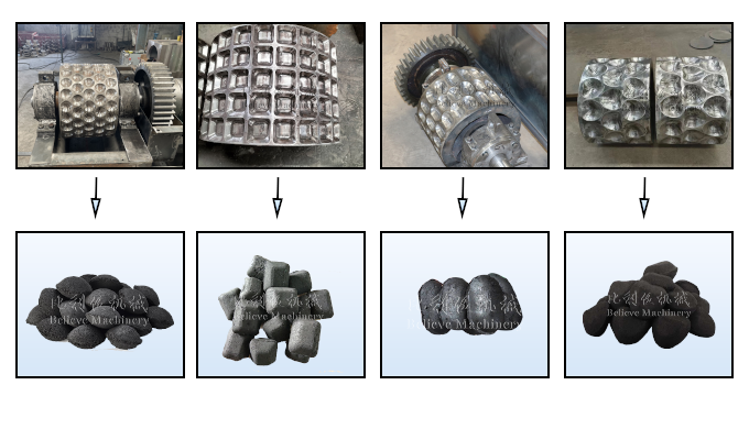 The molds and final briquettes of charcoal ball press machine