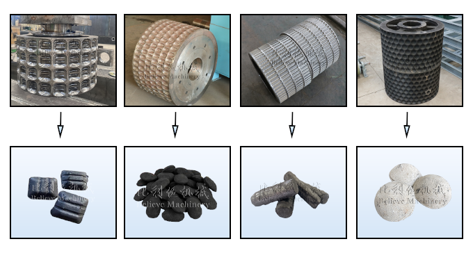 The molds and final briquettes of charcoal ball press machine